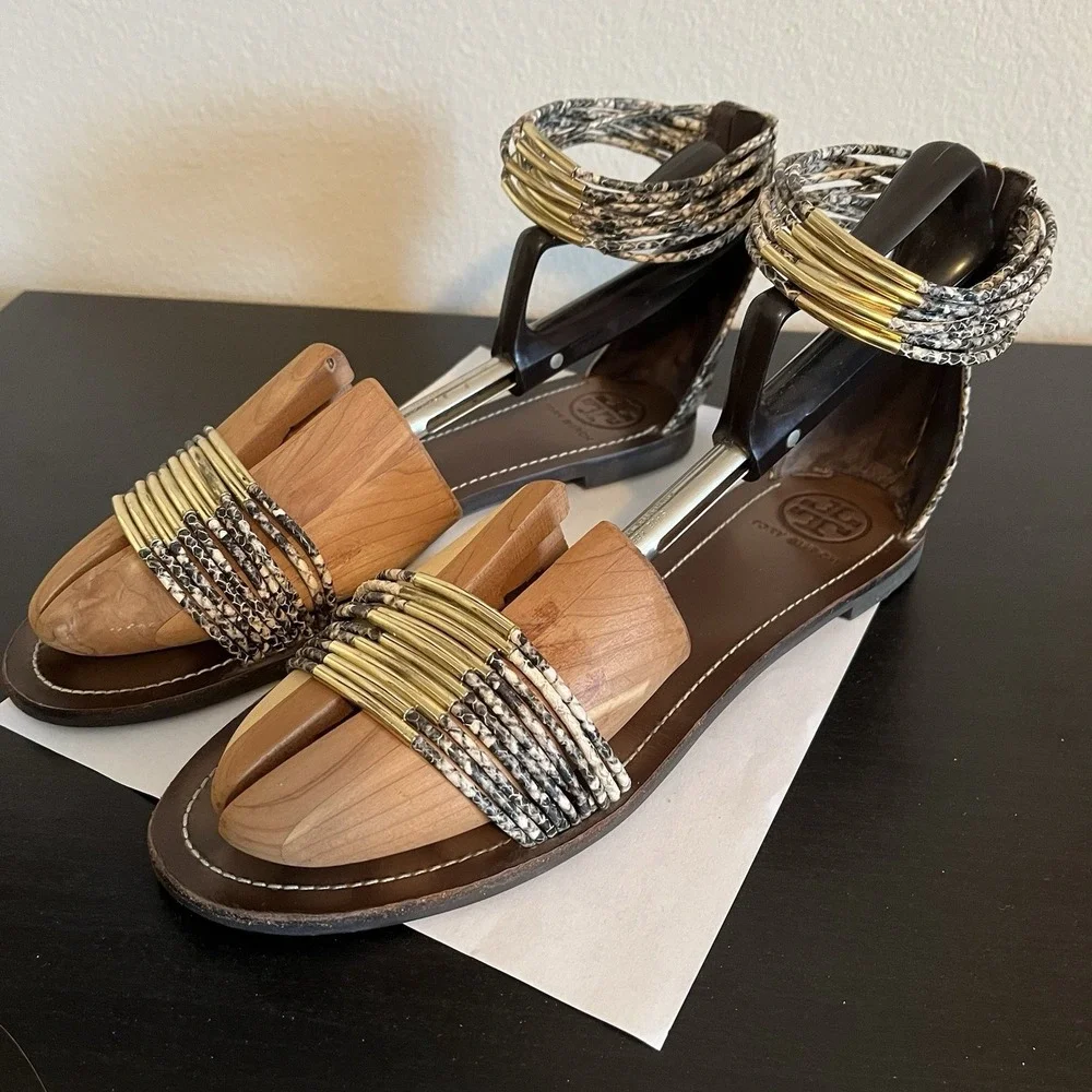 Tory Burch Mignon Rings Snake Print Leather Sandals Ankle Strap Womens 11 Chic
